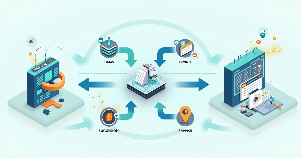 Fluxo digital mostrando integração de dados ERP, PIM e recomendações inteligentes de catálogo online