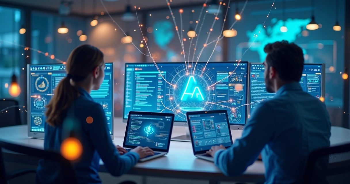 Painel digital mostrando conexões entre plataformas de IA 