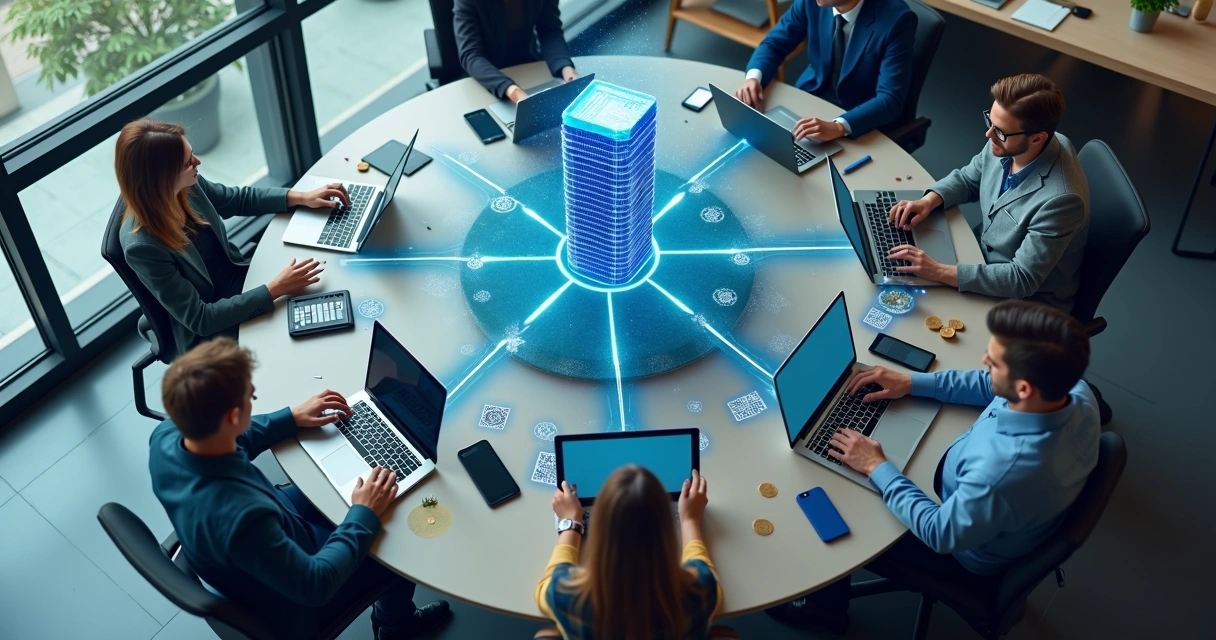 Ilustração de uma empresa com diversos serviços financeiros integrados 