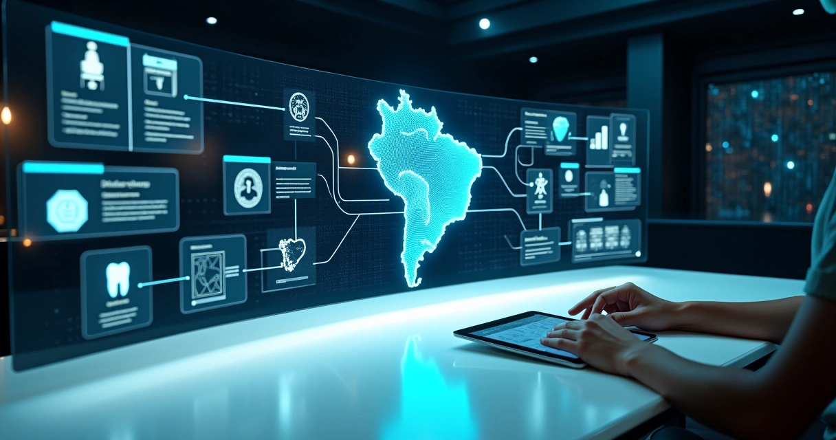 Painel digital mostrando ecossistema integrado de serviços odontológicos 