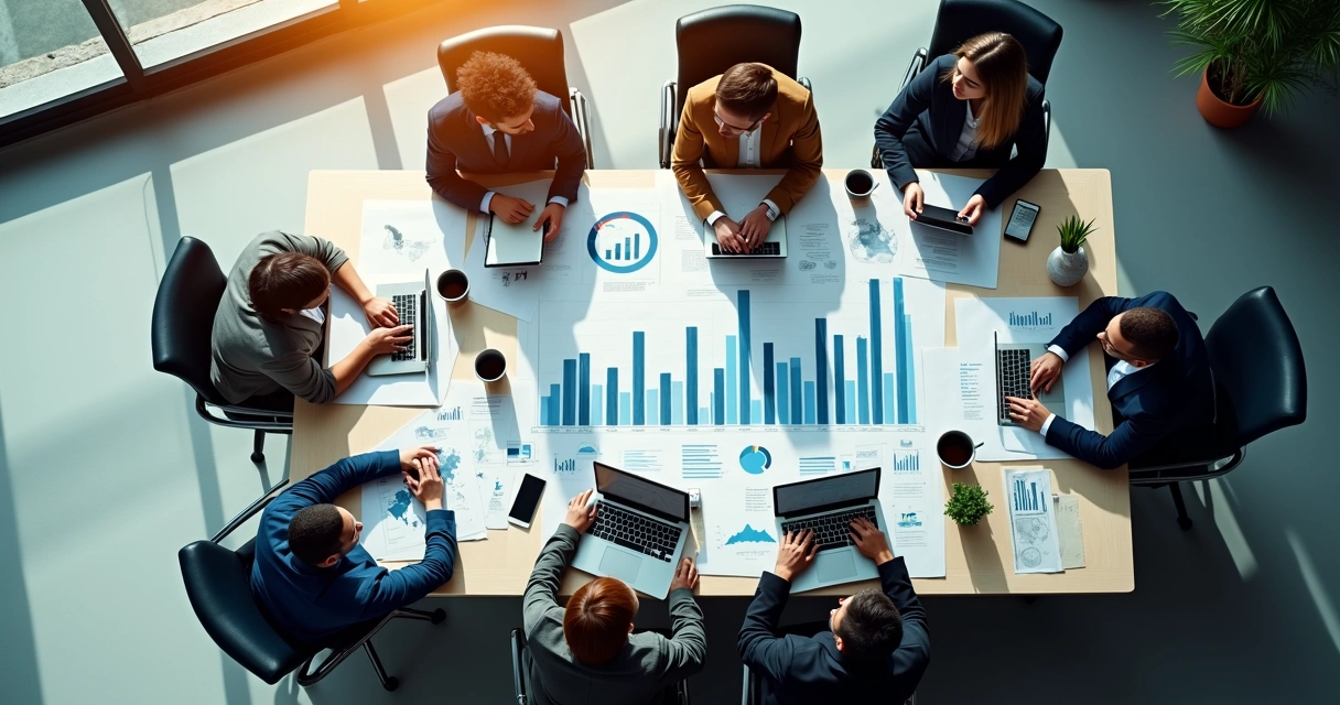 Equipe de negócios reunida analisando oportunidades de expansão