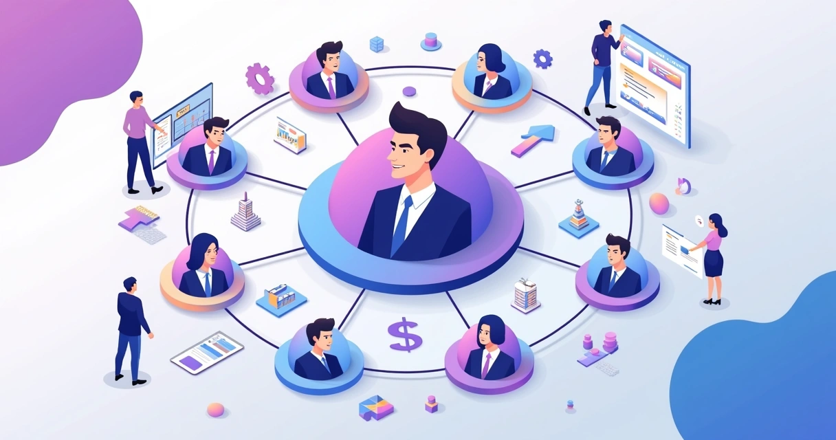 Ecossistema colaborativo empresarial com parceiros conectando e compartilhando resultados 