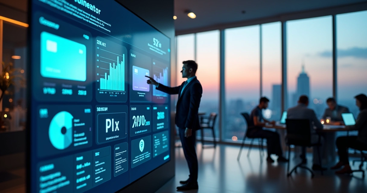 Executivo analisando painel digital com ecossistema financeiro white label 