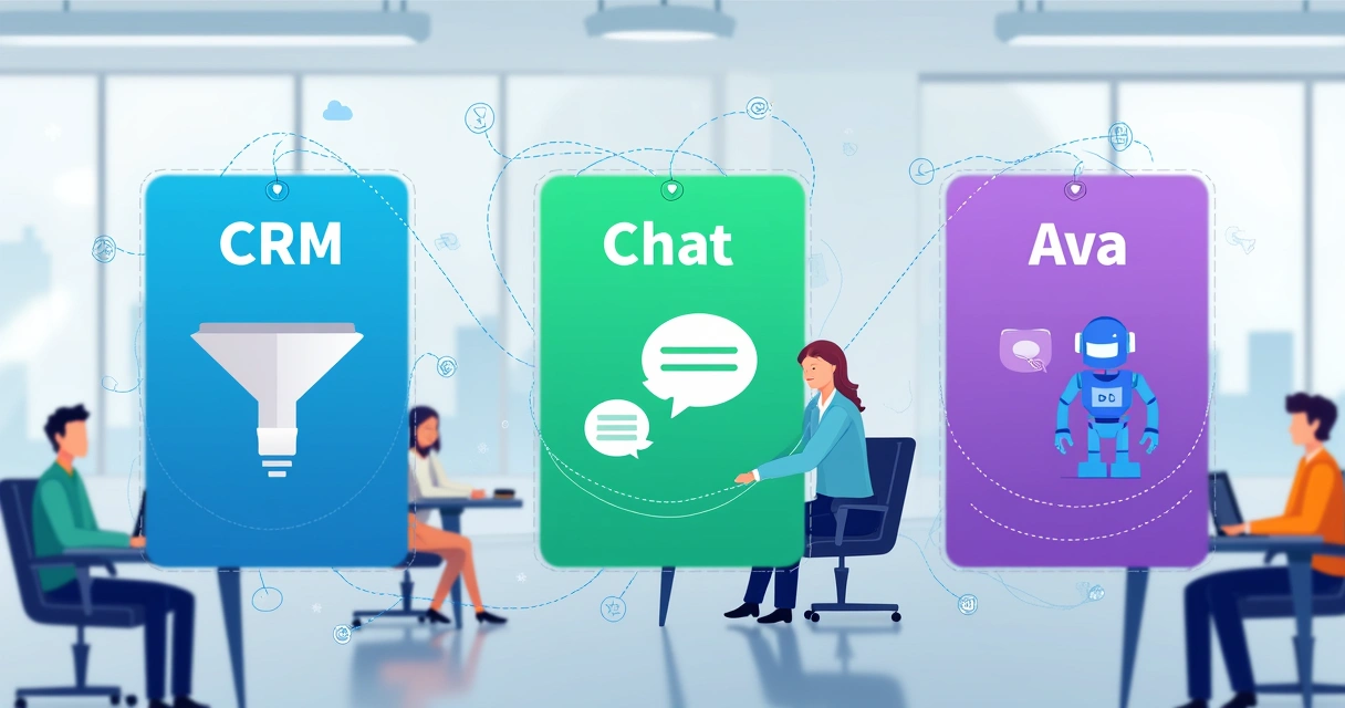 Ilustração do ecossistema integrado Agendor com CRM, Chat e Ava