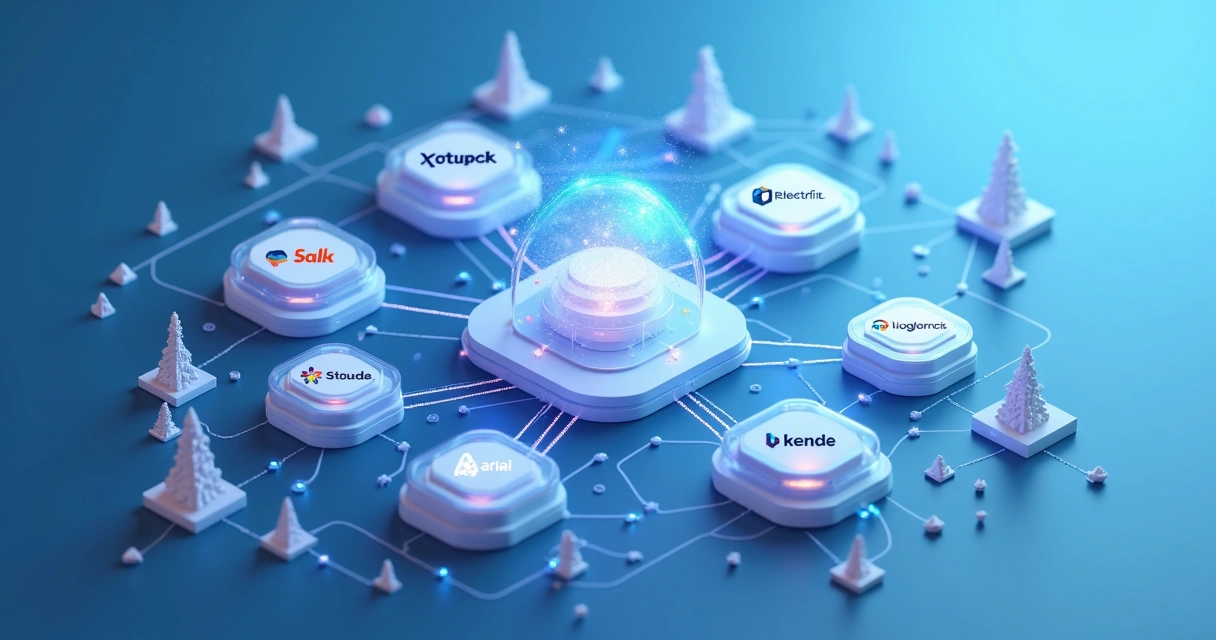 Representação visual de um ecossistema de marketplace SaaS com empresas conectadas e difusão de soluções. 