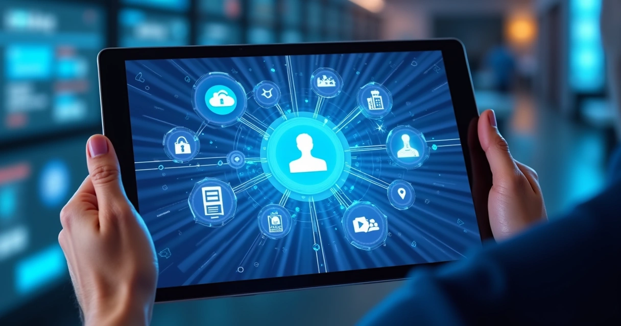 Integração visual entre Microsoft 365, Azure e Copilot em tablet digital 
