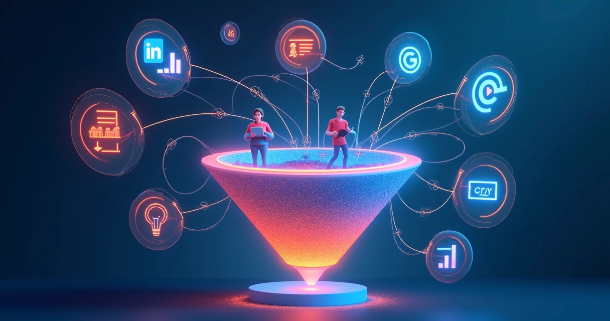 Fluxo ilustrando múltiplos canais digitais integrados no funil B2B 