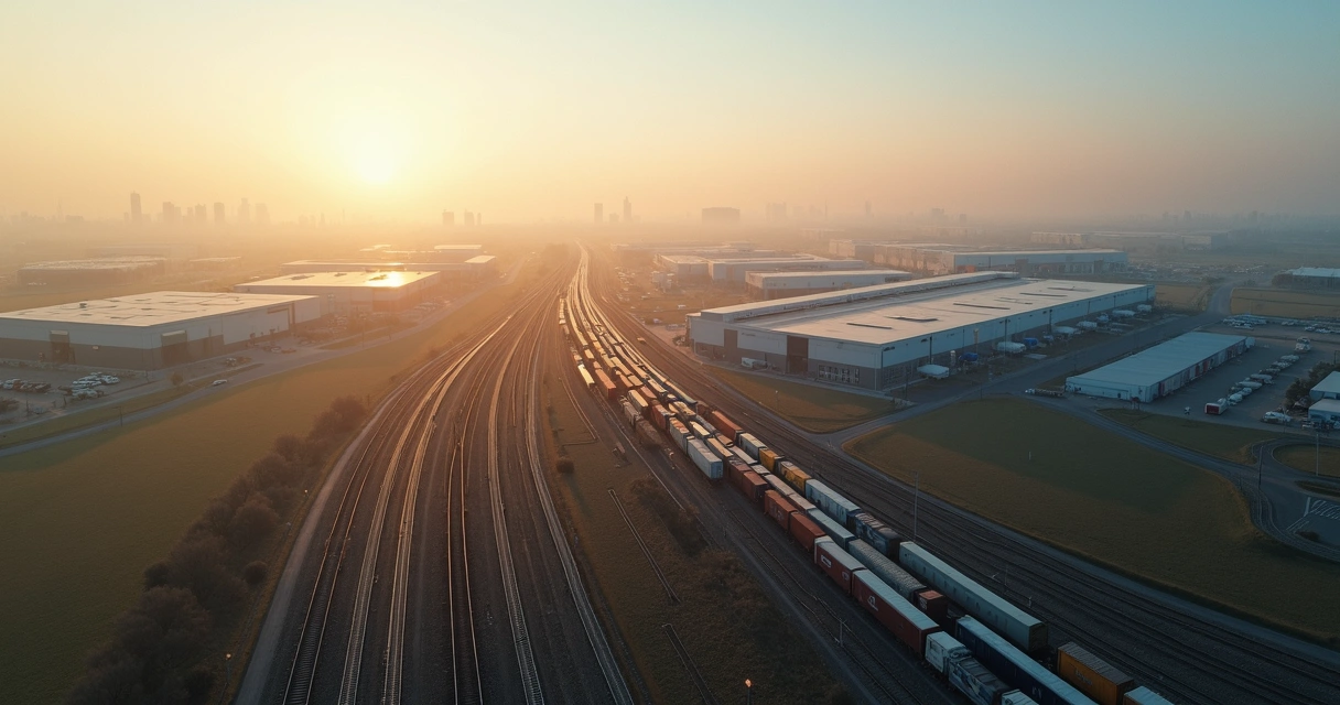 Rede de empresas conectadas por trilhos de trem formando ecossistema de negócios 