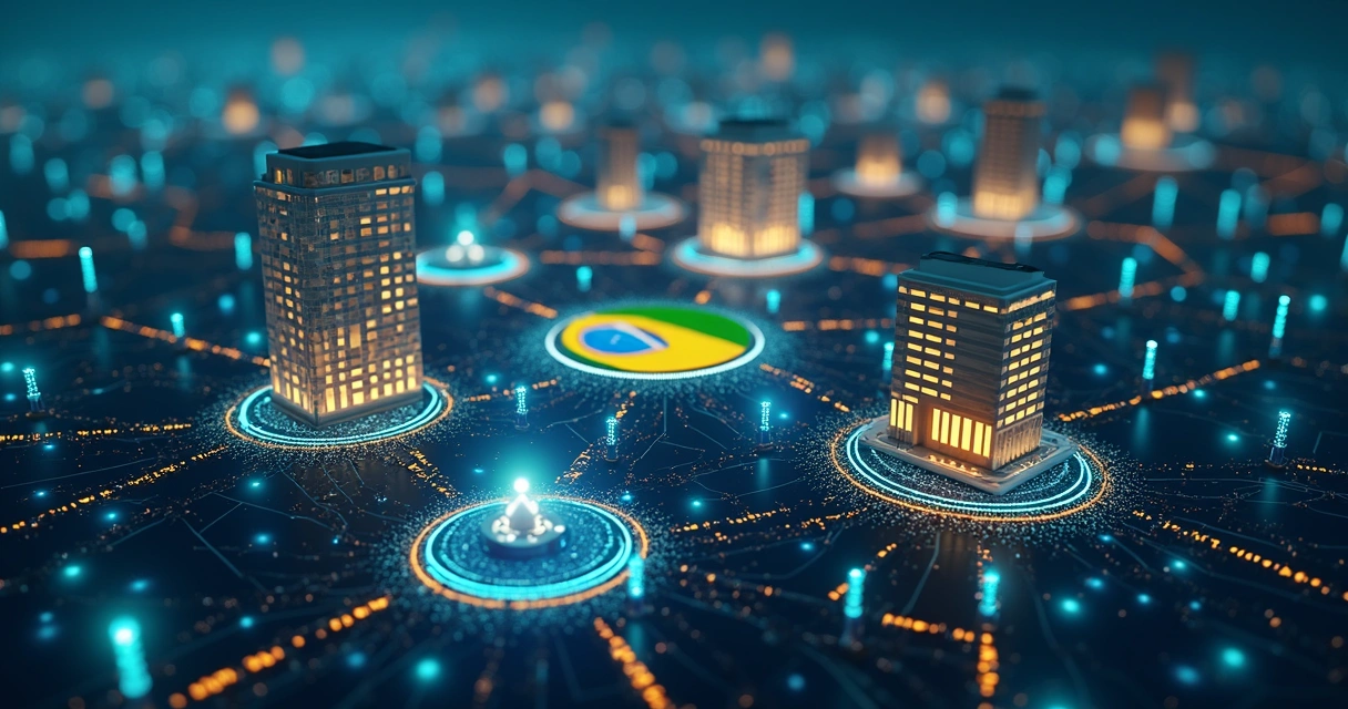 Ilustração do ecossistema financeiro com bancos, fintechs e usuários conectados 