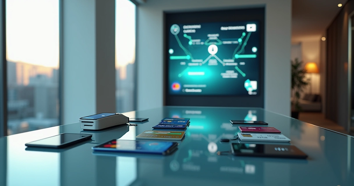 Mesa de cristaleira com cartões maquininhas e tela mostrando ecossistema de pagamentos 