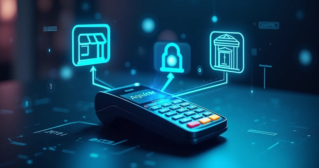 Ilustração de ecossistema de pagamentos digitais conectando lojista, adquirente e banco emissor 