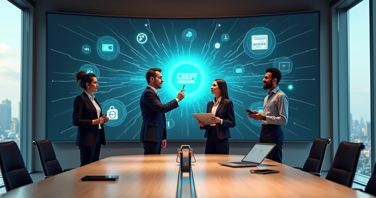 Equipe observa grande tela com mapa de ecossistema de pagamentos digitais 