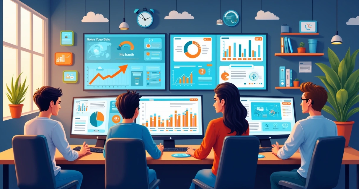 Ilustração de ecossistema de startups com diversas pessoas em um ambiente moderno de trabalho digital 