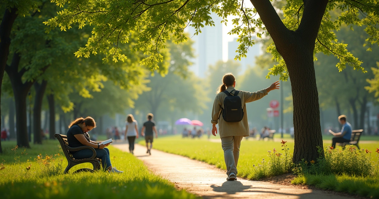 Person observing city park ecosystem elements