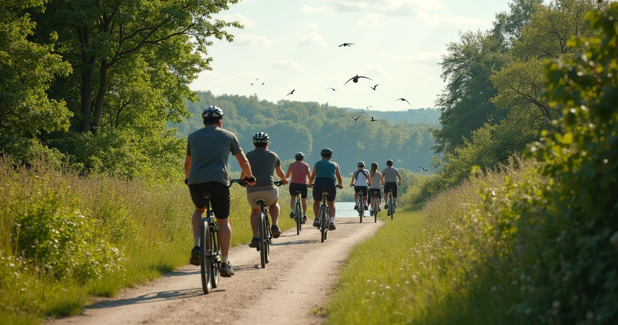Turistas andando de bicicleta em reserva natural verde 