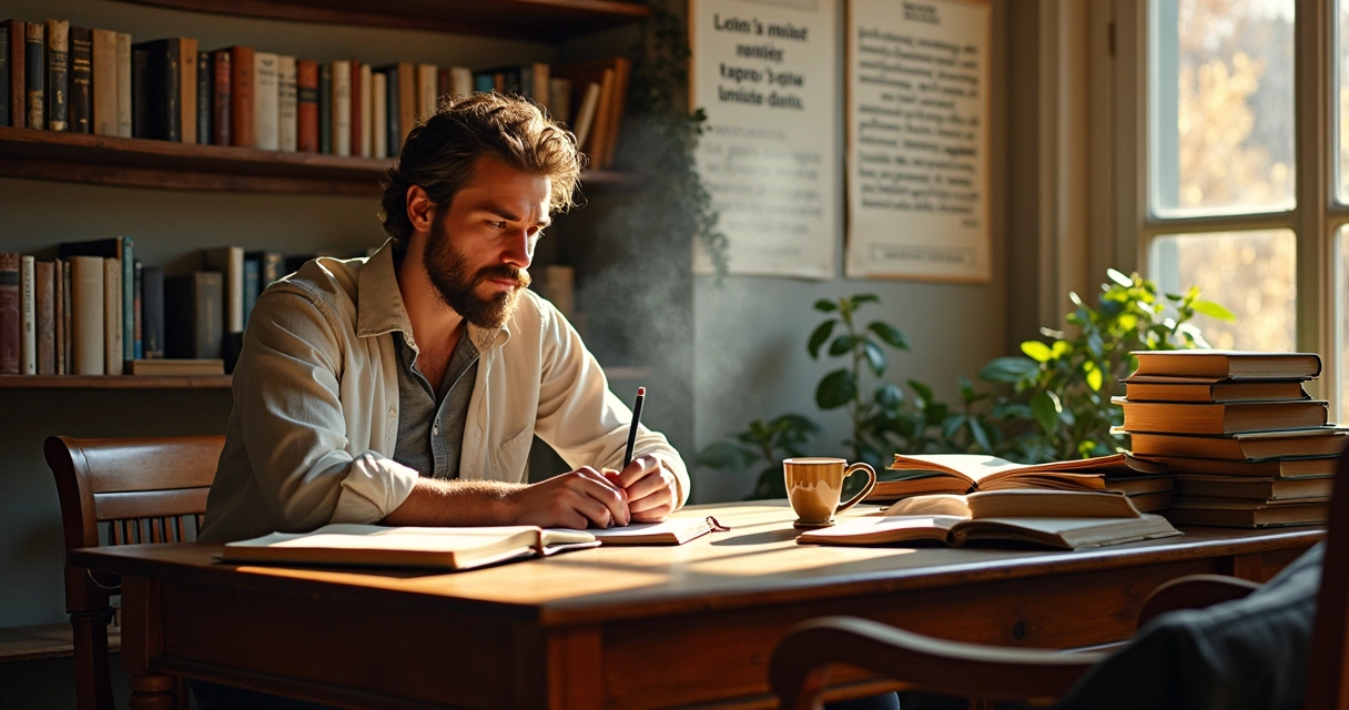 Un écrivain au bureau entouré de livres, écrivant avec passion. Mur décoré de citations inspirantes.