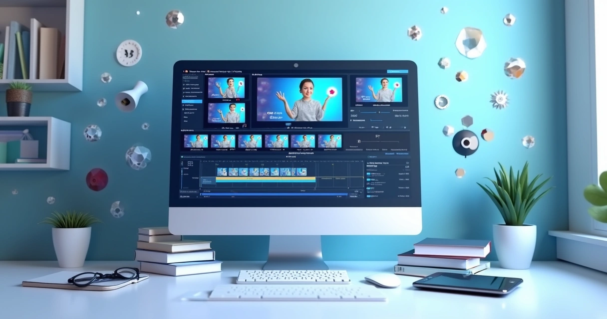 Modelo 3D mostrando uma tela de computador com edição automatizada de cortes de vídeo para EAD 