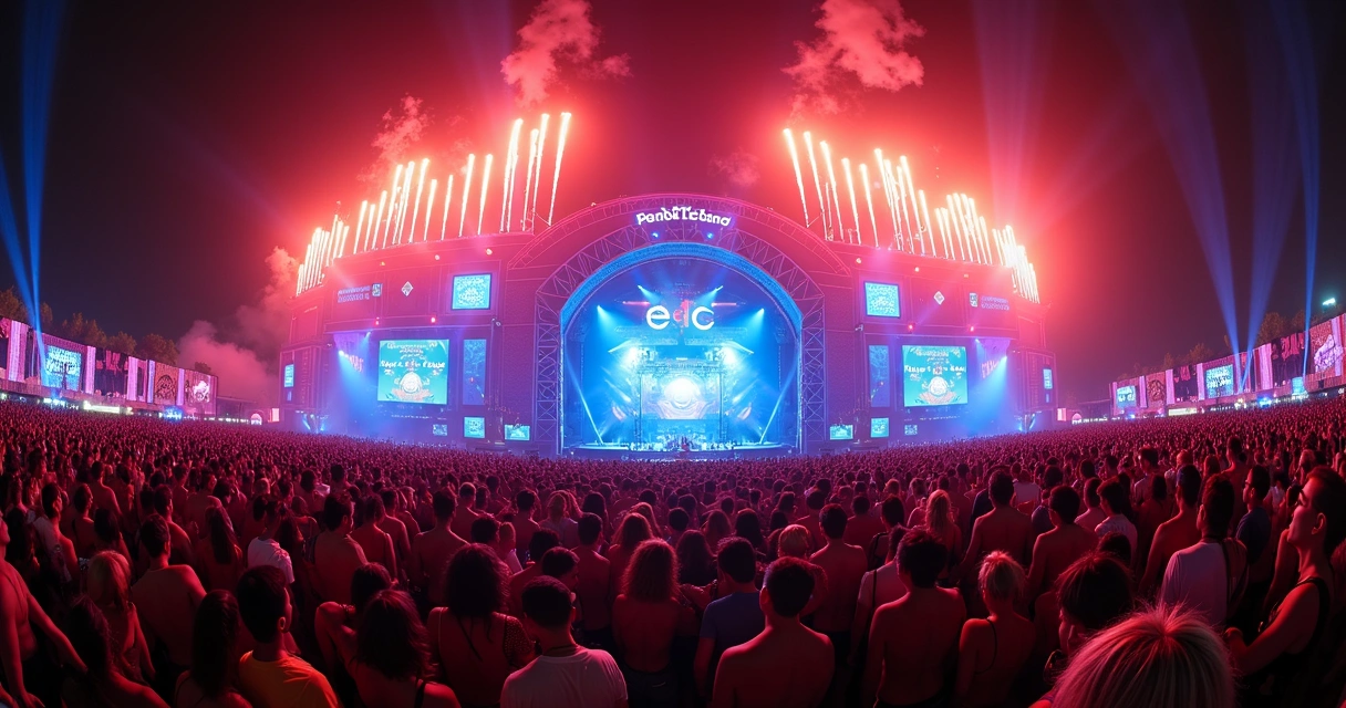 Palco iluminado e colorido do EDC Orlando à noite, com multidão animada e luzes vibrantes. 
