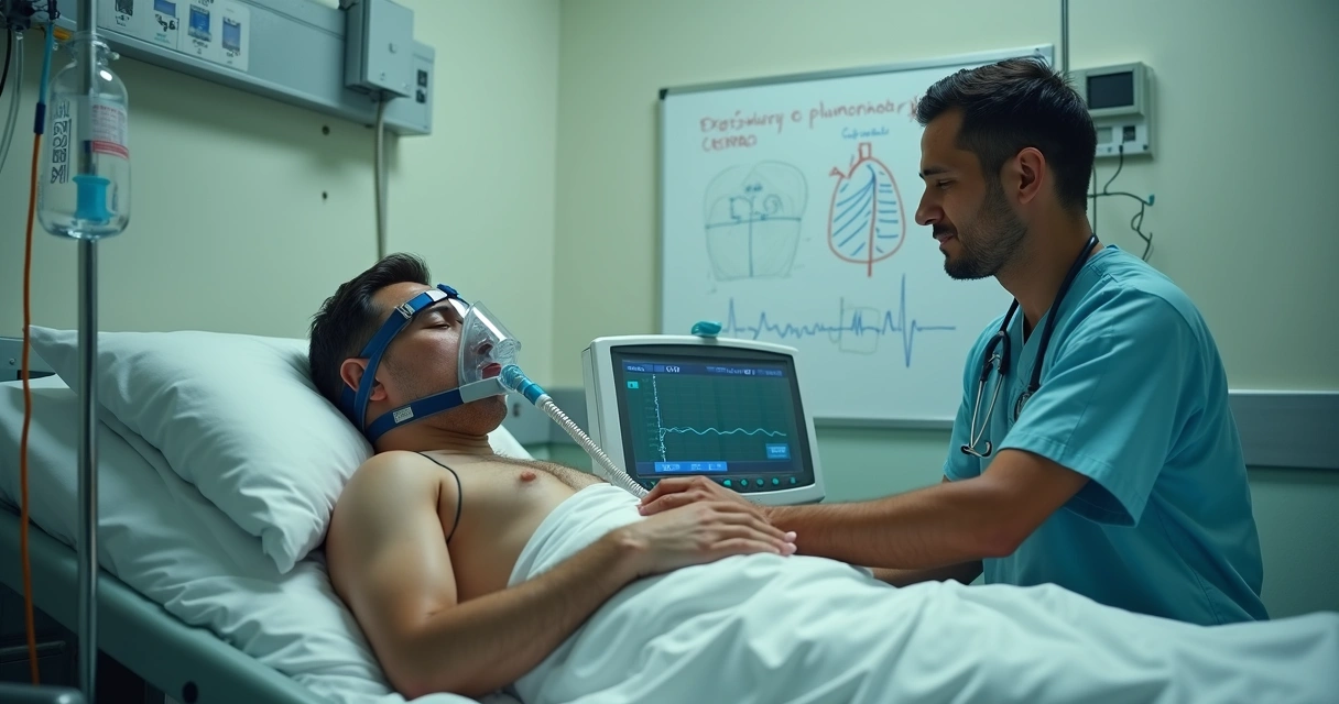 Médico ajustando ventilação não invasiva em paciente com edema agudo de pulmão 