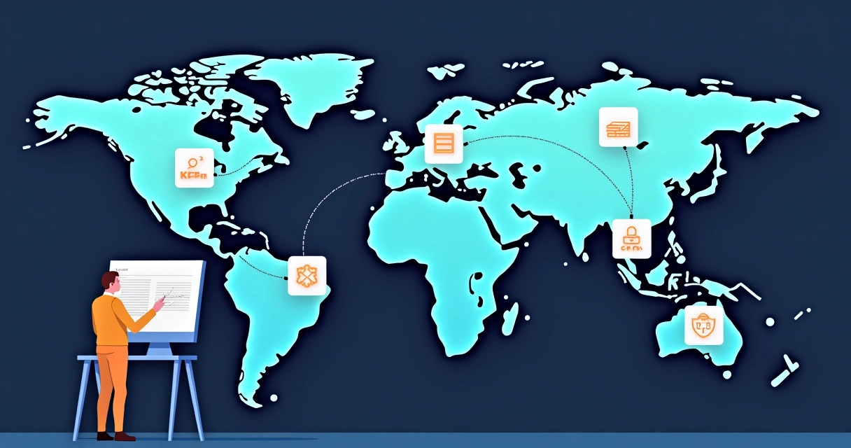 Flat illustration of an engineer orchestrating edge computing services around a global network 