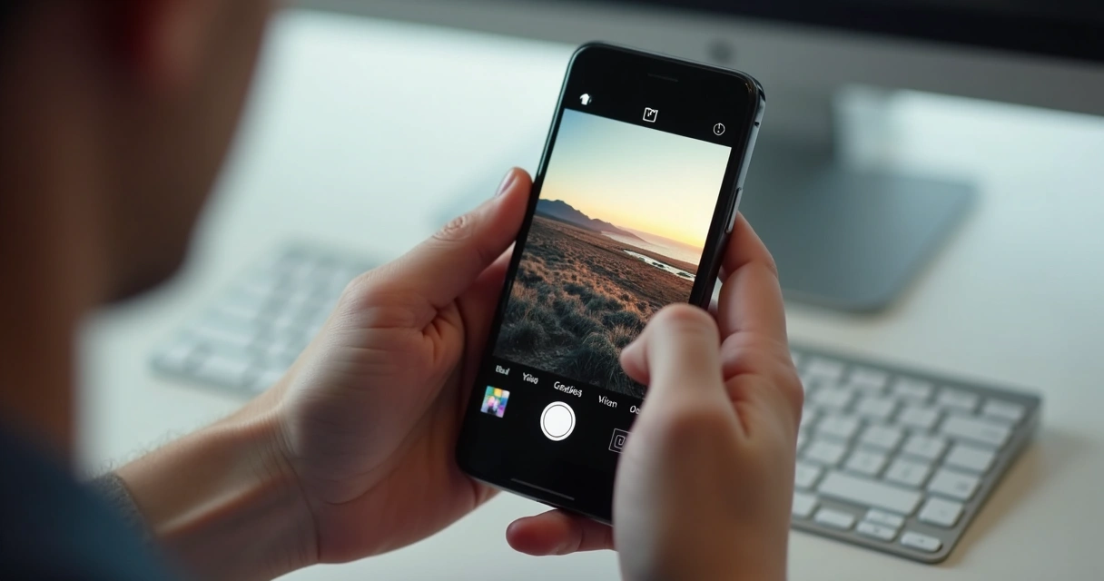 Mãos segurando smartphone editando foto com inteligência artificial na tela 