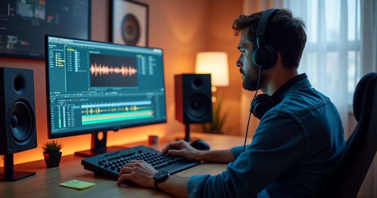 Técnico de som ajustando faixas de áudio em tela de computador 