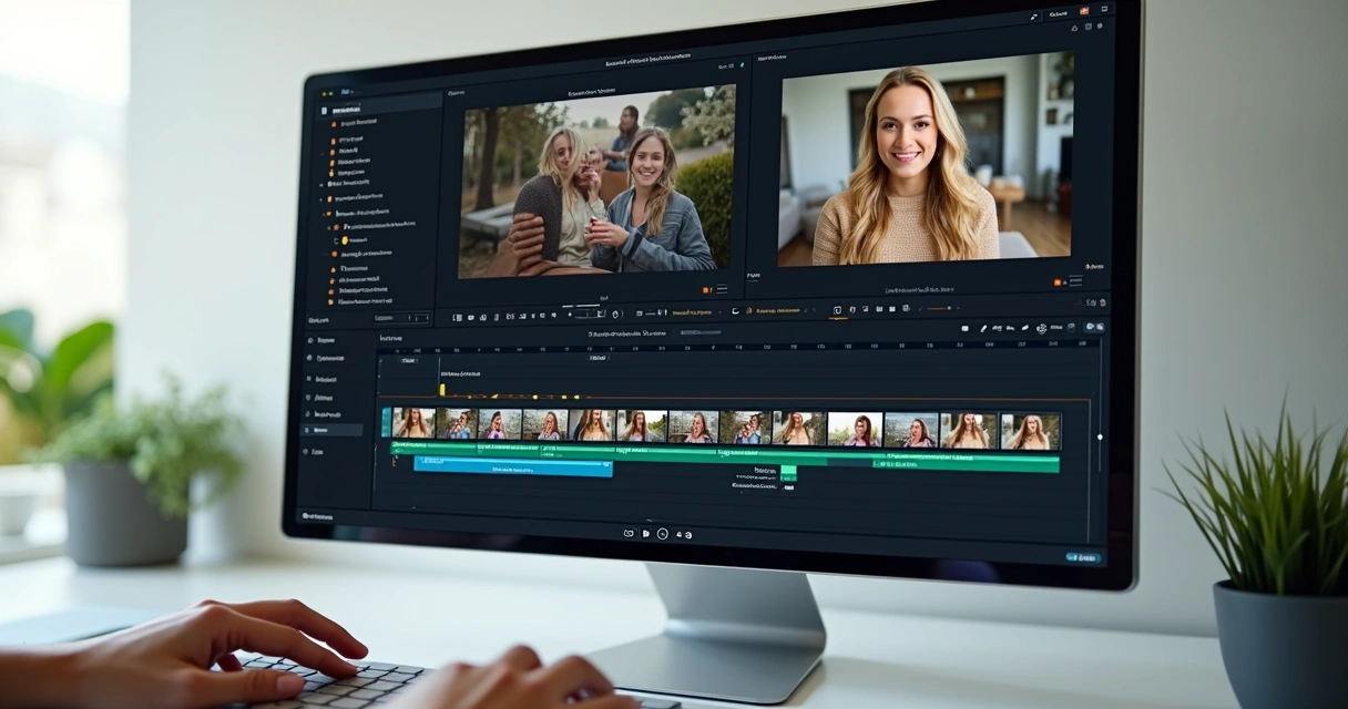 Tela de editor de vídeo automático com cortes e legendas geradas por IA. 