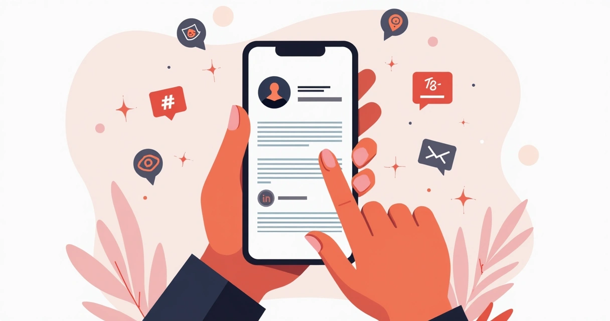 Ilustração corporativa plana de influenciador digital editando bio do Instagram em smartphone, com ícones de link, emojis, hashtags e botões de ação ao redor 