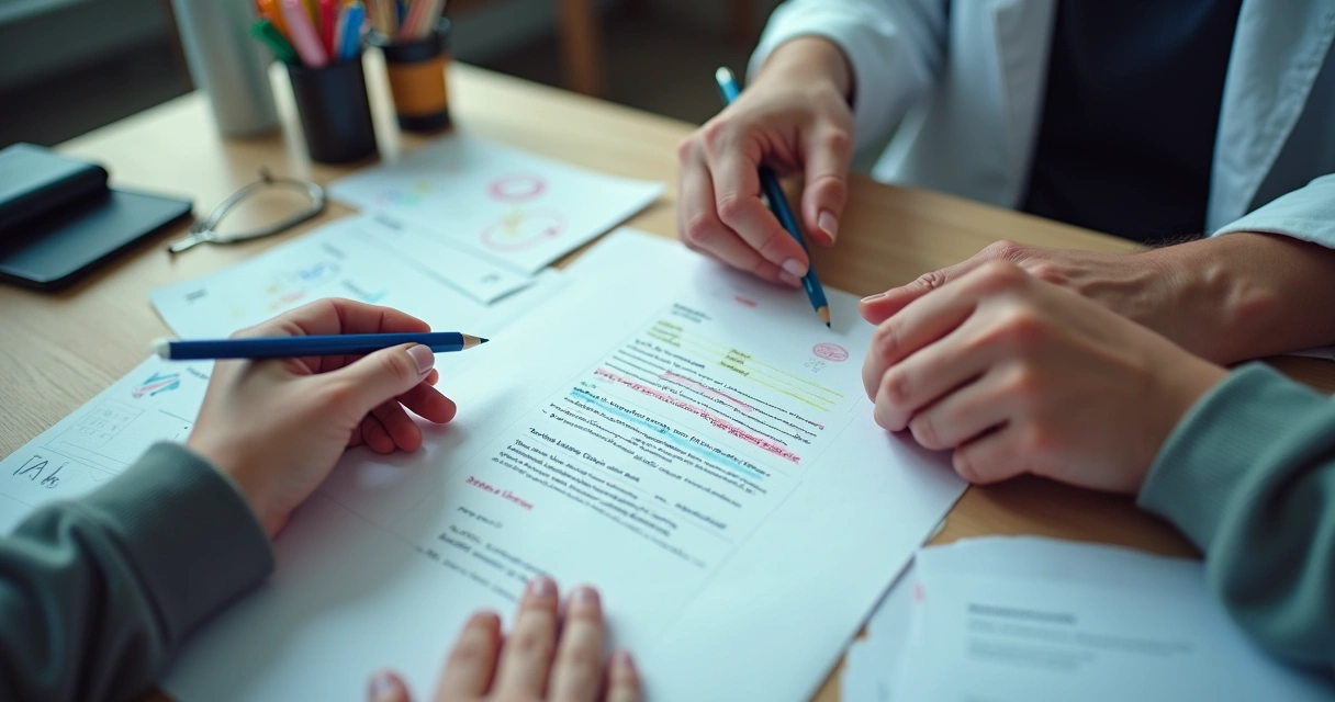 Revisão colaborativa de texto médico em tela de computador