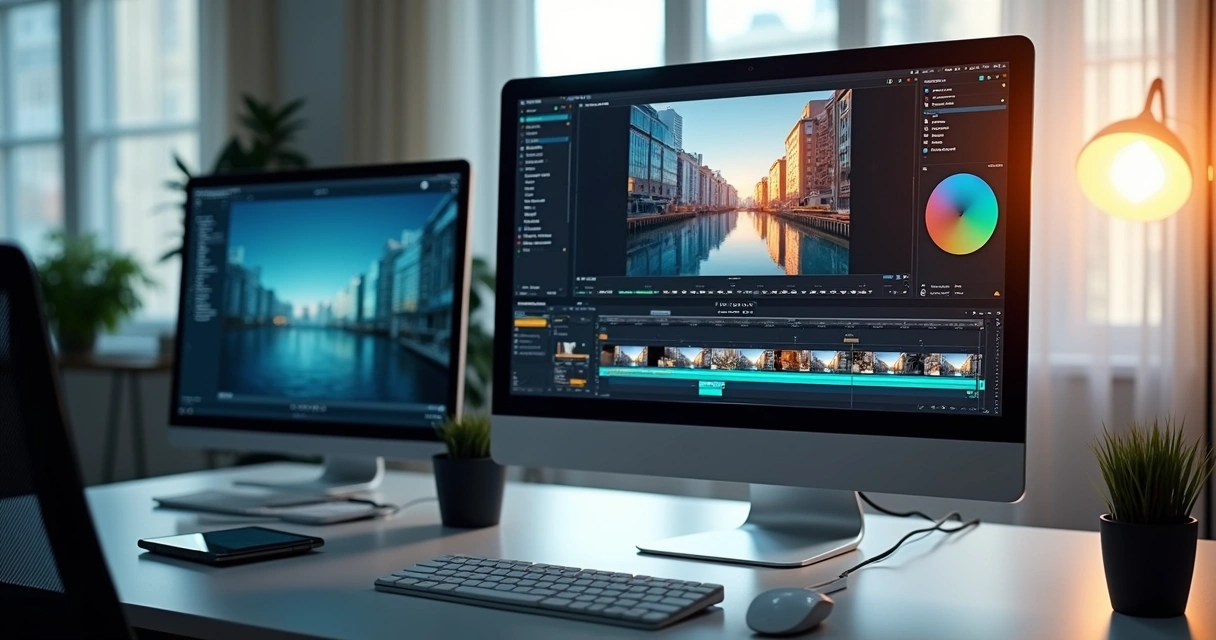 Computador com software de color grading aberto exibindo ajustes de cores em vídeo corporativo 