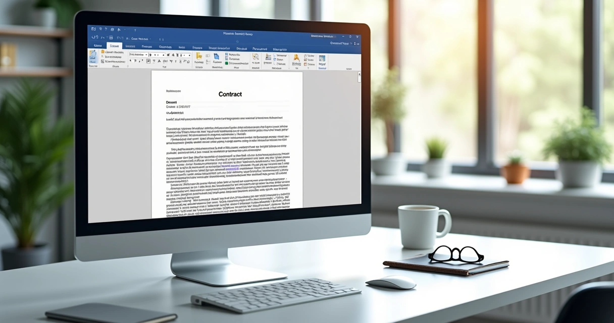 Tela de computador mostrando documento Word de contrato sendo editado 