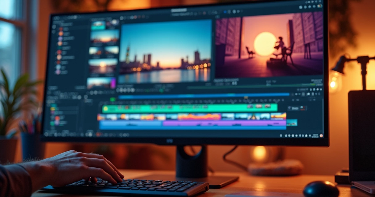 Editor de vídeo com cortes rápidos em uma timeline colorida