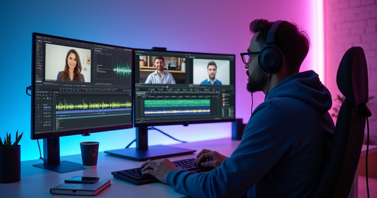 Editor analisando cortes de podcast em múltiplas telas 