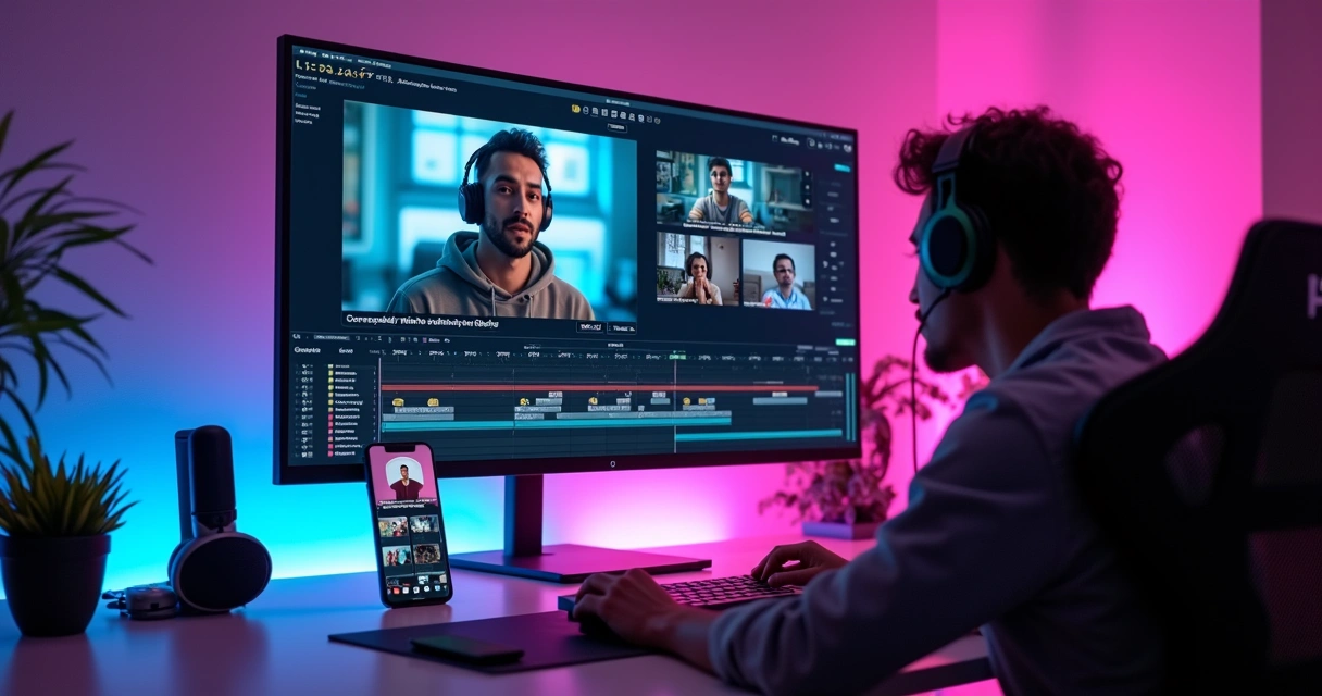Editing screen with vertical clip of live stream and automatic captions 