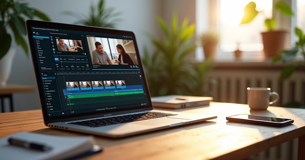 Mesa com notebook exibindo editor de vídeo com trechos destacados para cortes curtos 