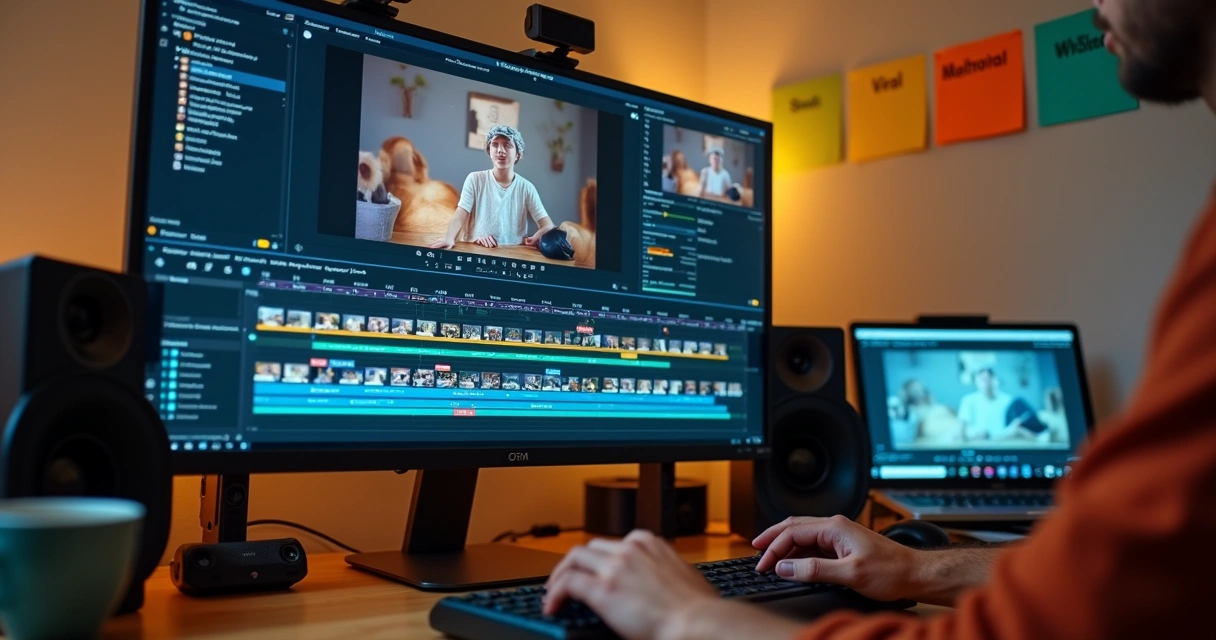 Pessoa editando vídeos em tela de computador
