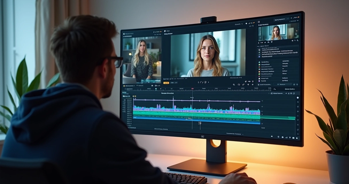 Interface de edição de vídeo com IA destacando trechos selecionados automaticamente 