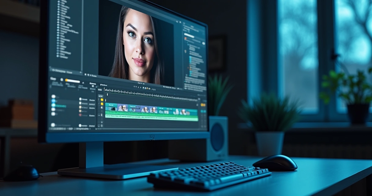 Tela de edição mostrando rosto em vídeo manipulado 
