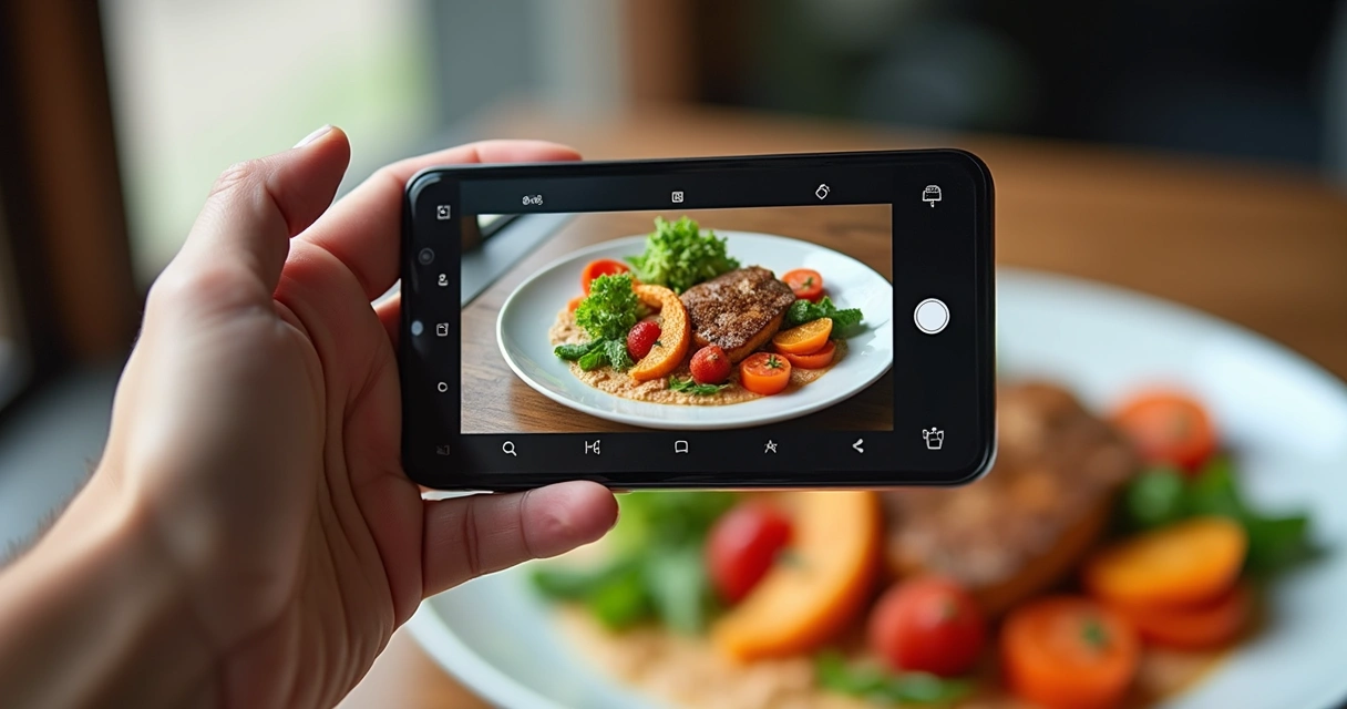 Editor de fotos em celular mostrando ajuste de cor em prato de comida 
