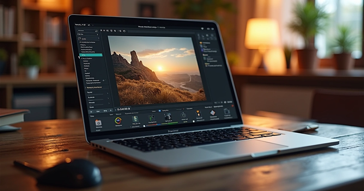Tela de notebook com editor de foto exibindo ajuste de cor em produto 