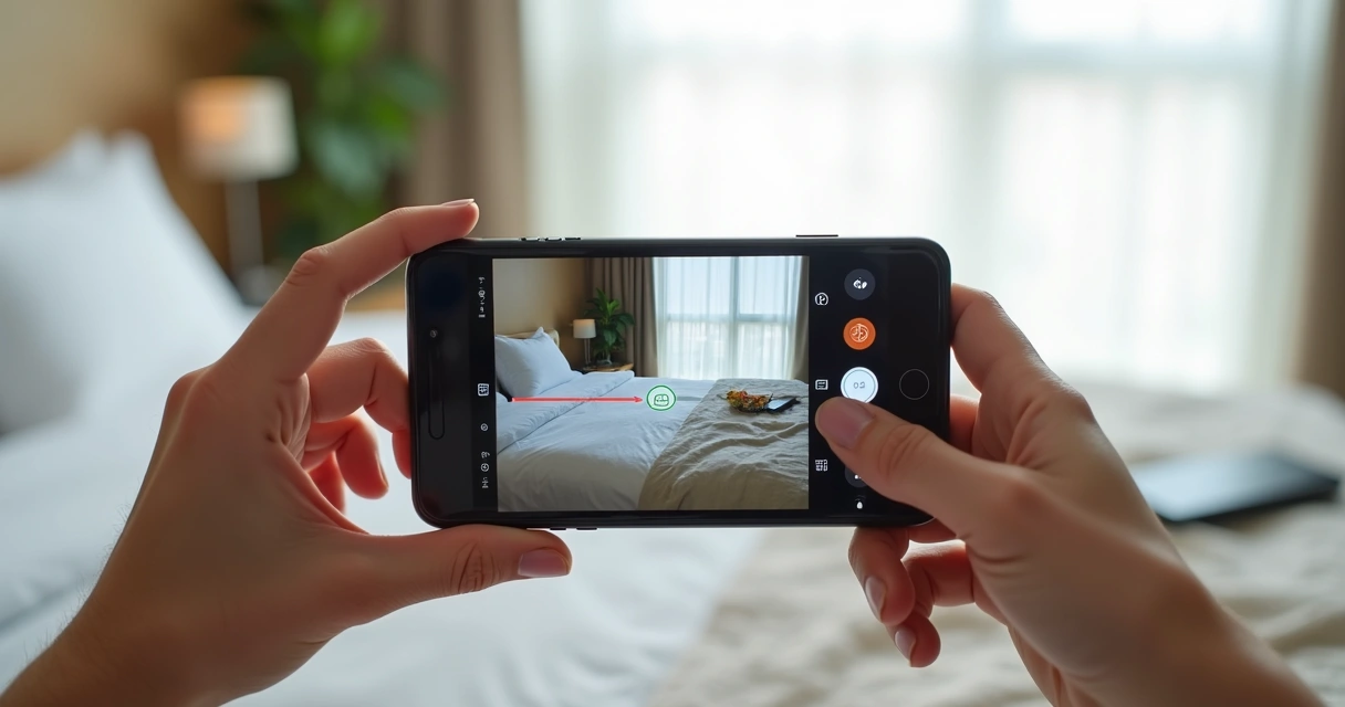 Pessoa editando foto de quarto no celular