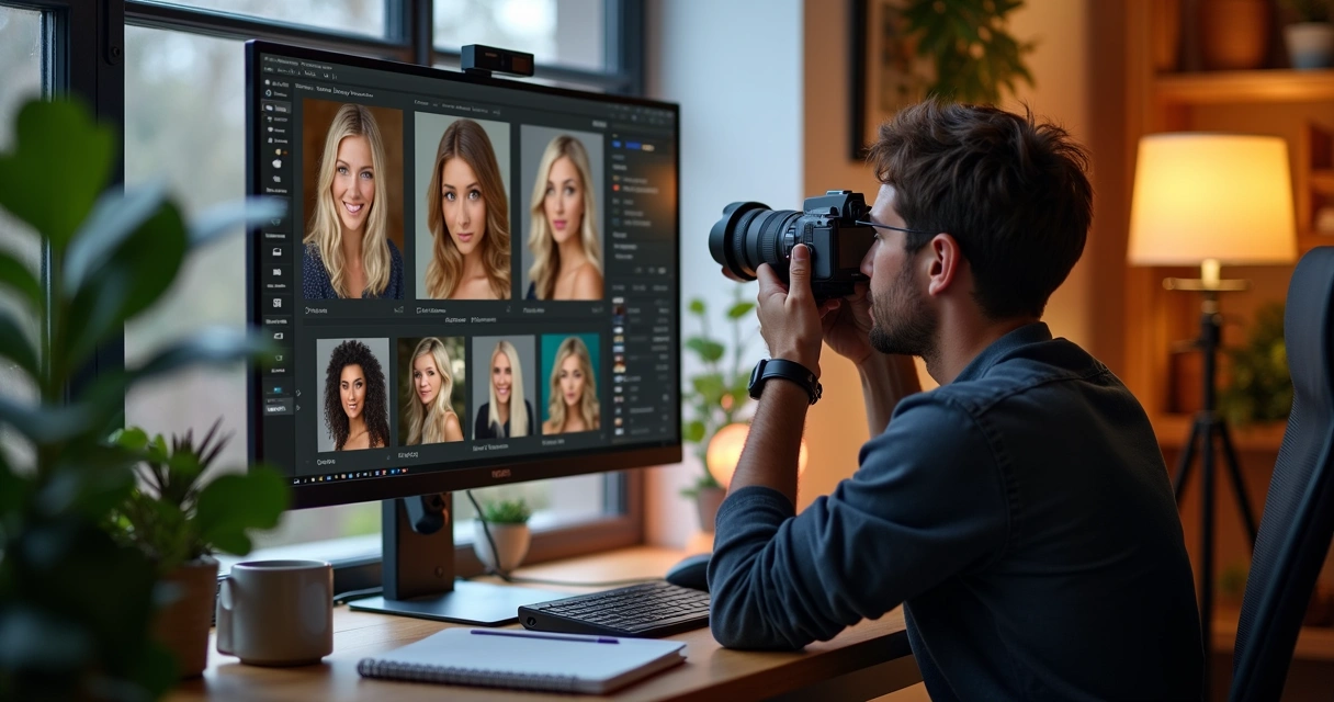 Pessoa revisando um ensaio fotográfico no computador, com várias imagens expostas na tela 