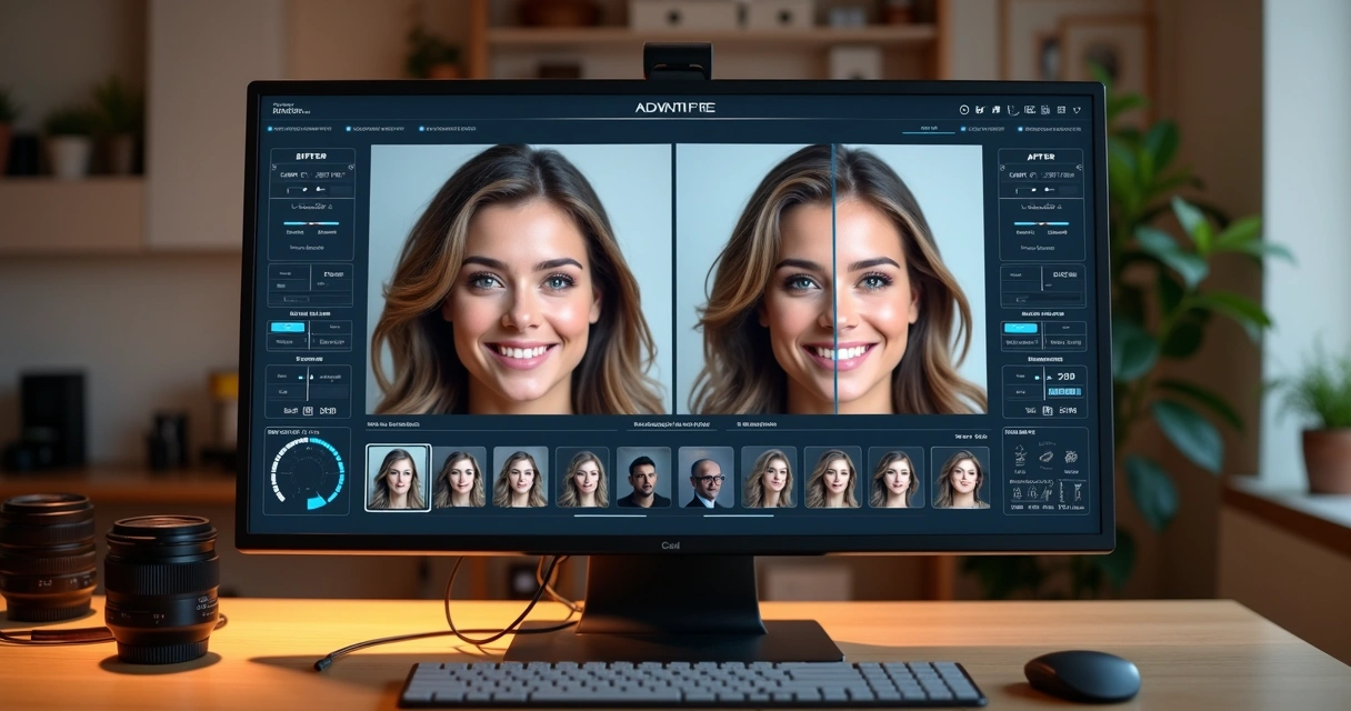 Editor de fotos digital com interface IA exibindo várias camadas de ajustes e rostos sendo aprimorados 