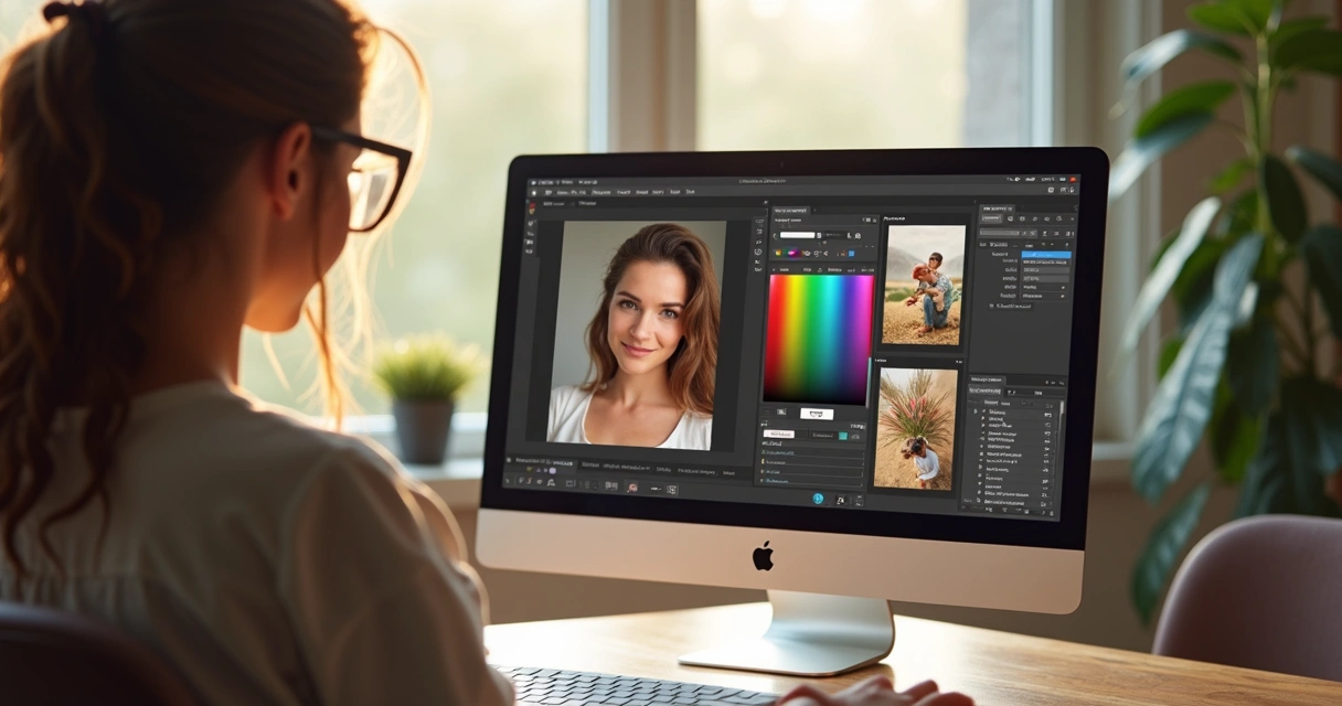 Pessoa editando foto do Instagram no computador, com imagens alinhadas ao lado 