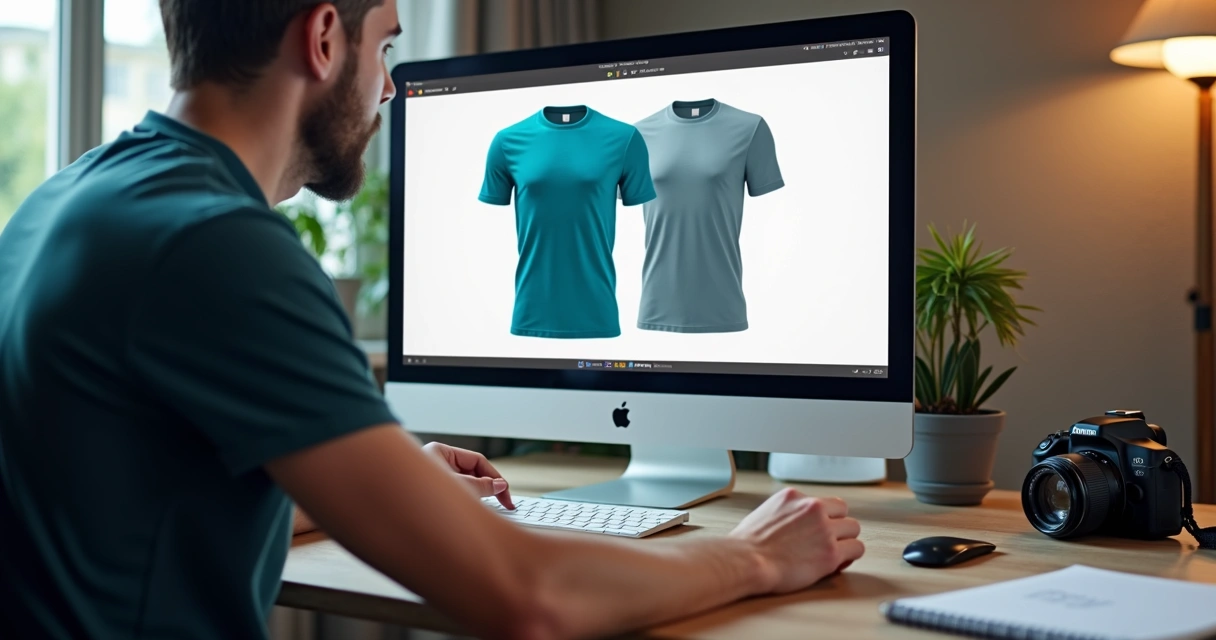 Tela de computador mostrando edição de foto de camiseta em fundo branco 