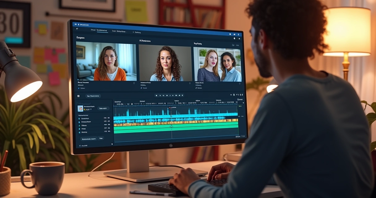 Editor de vídeo em IA aplicando corte automático em podcast filmado 