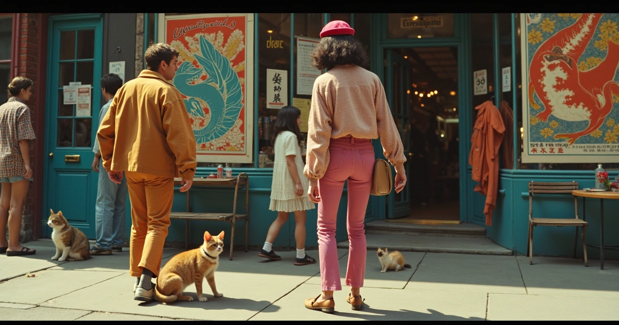 Cena editada com pessoas, animais e elementos artísticos em um cenário urbano vintage 