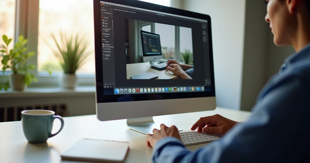 Mãos editando foto de produto em tela de computador 