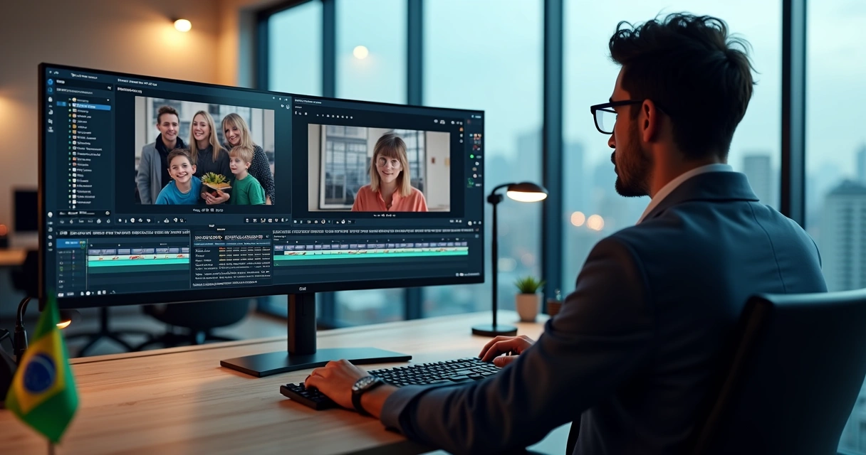 Editor de vídeo mostrando recortes automáticos com destaque em linha do tempo de um vídeo social 