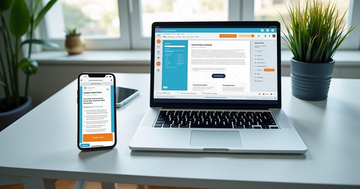 Editor visual de landing page aberto em notebook e celular lado a lado 
